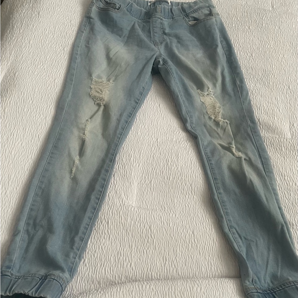 Celebrity Pink Blue Skinny Jeans with Distressed Knees